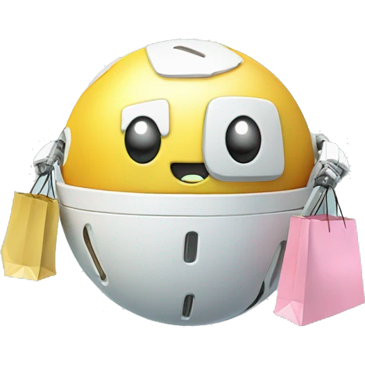 cute white floating spherical happy robot with floating shopping bags emoji
