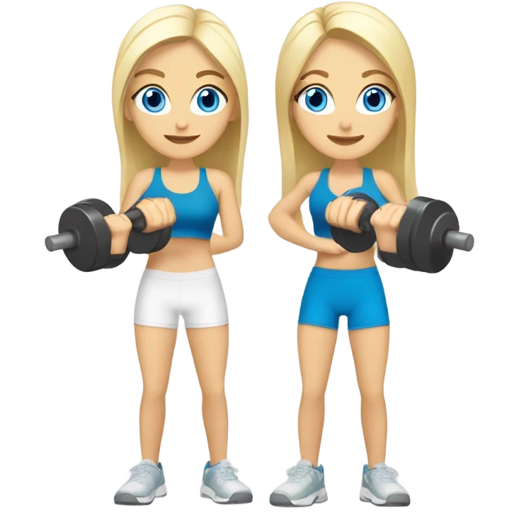 Two white blonde girls with blue eyes lifting weights together emoji