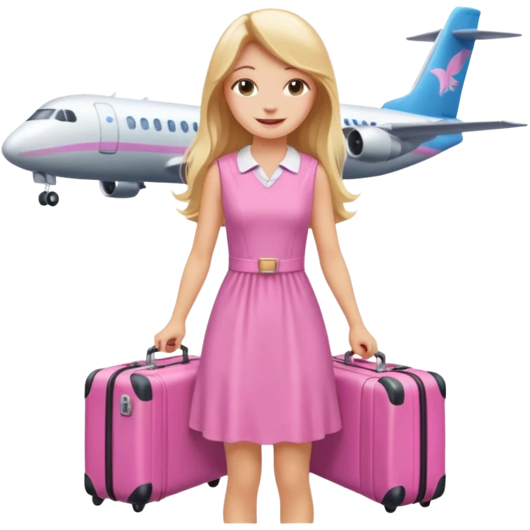 Девушка со светлыми длинными волосами счастливая в платье с розовым чемоданом в руках на фоне самолета emoji