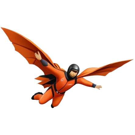 A daring wingsuit athlete soaring between towering mountains, with their wingsuit fully stretched, cutting through the air at high speed. The background features dramatic cliffs and a vast sky, emphasizing the thrill and freedom of base jumping. emoji
