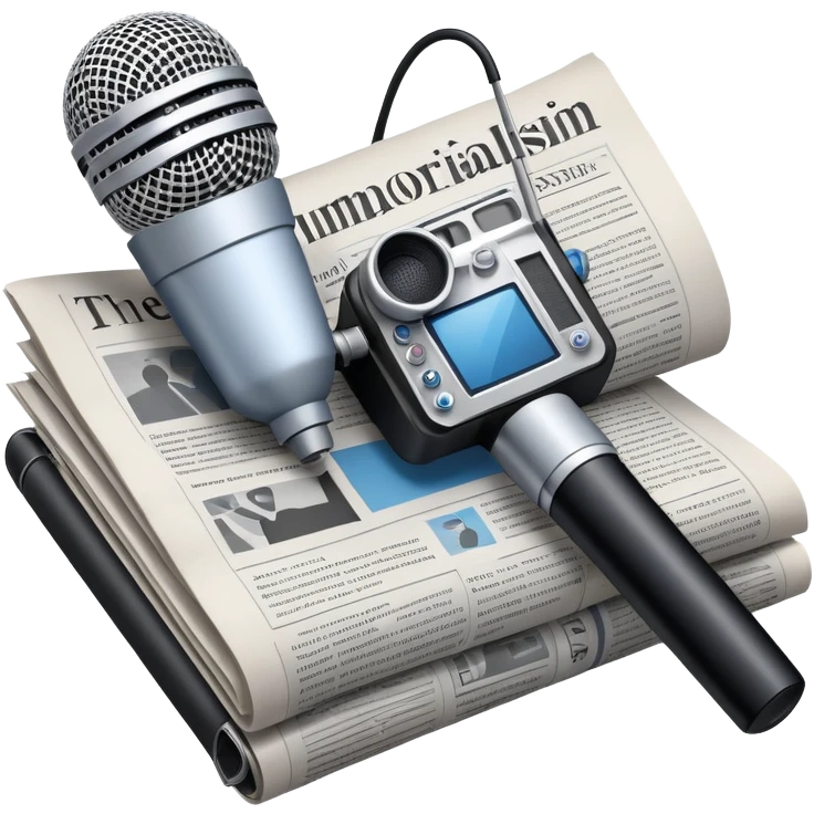 An icon featuring a microphone, a newspaper, a reporter’s camera, and soundwaves, representing journalism and mass media. The design includes headlines and imagery, symbolizing the spread of news and information. Transparent background highlights the power of communication and media. emoji
