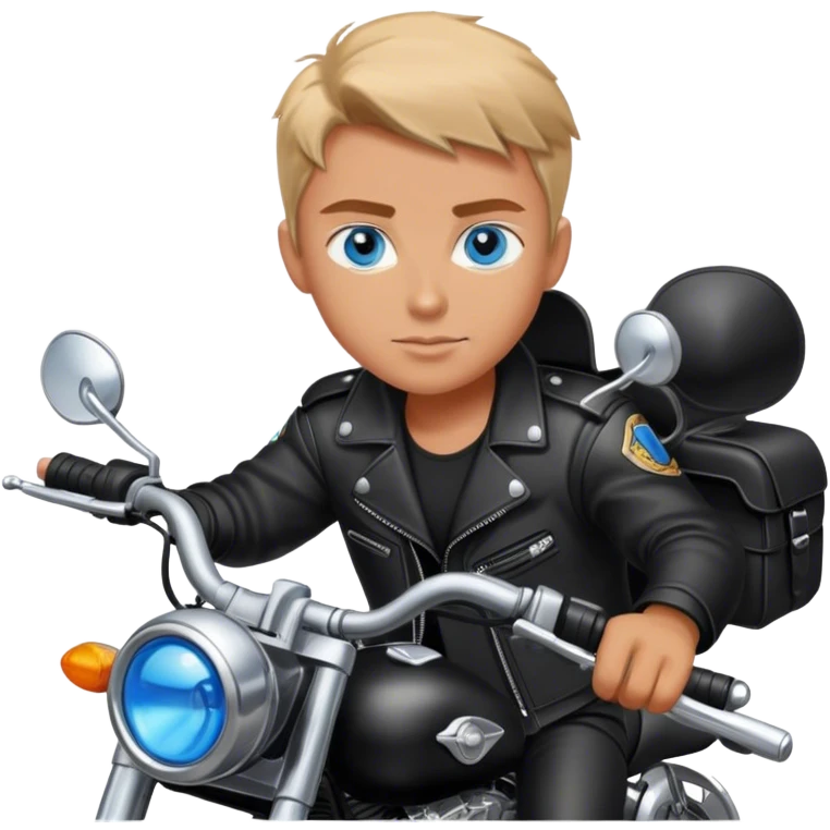 Blue eyed person  in full black leather on motorcycle emoji