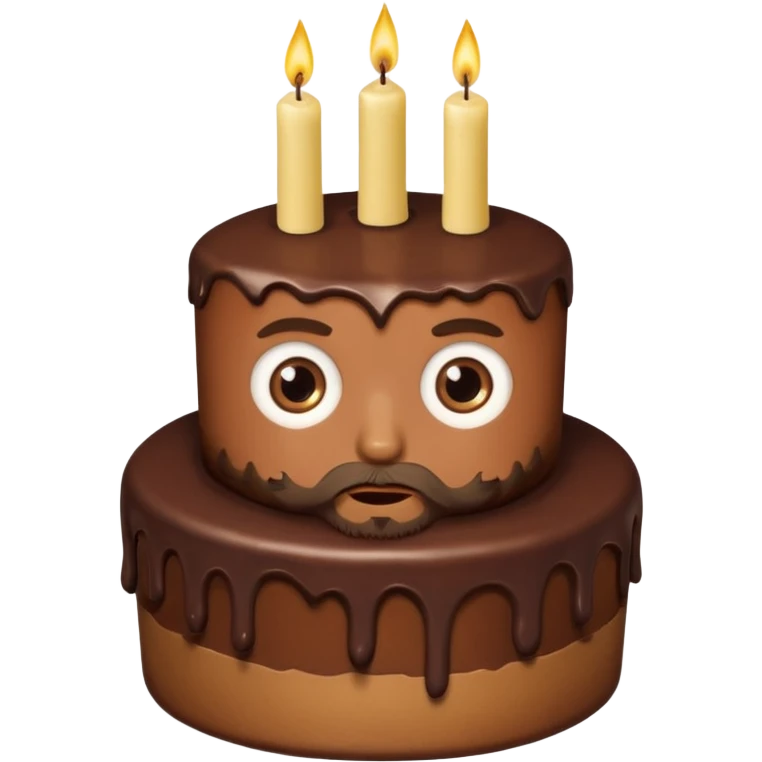 chocolate birthday cake with eyes and thin candles and blond beard emoji