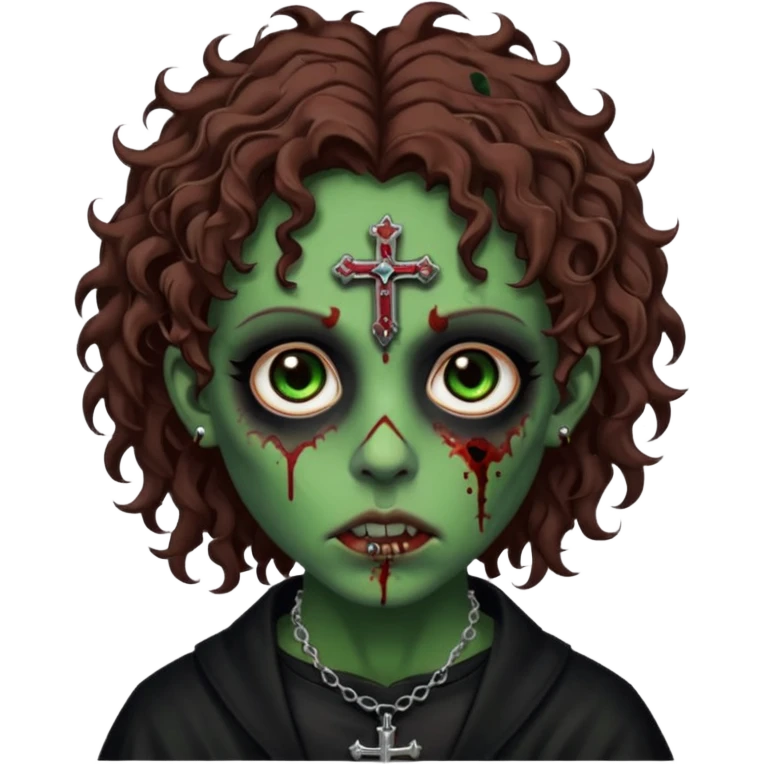 Zumbi verde com olhos castanhos aspecto de que tá sangrando, com cabelo castanho cacheado um piercing do lado esquerdo do nariz, roupa preta e crucifixo como colar, e também delineador  emoji