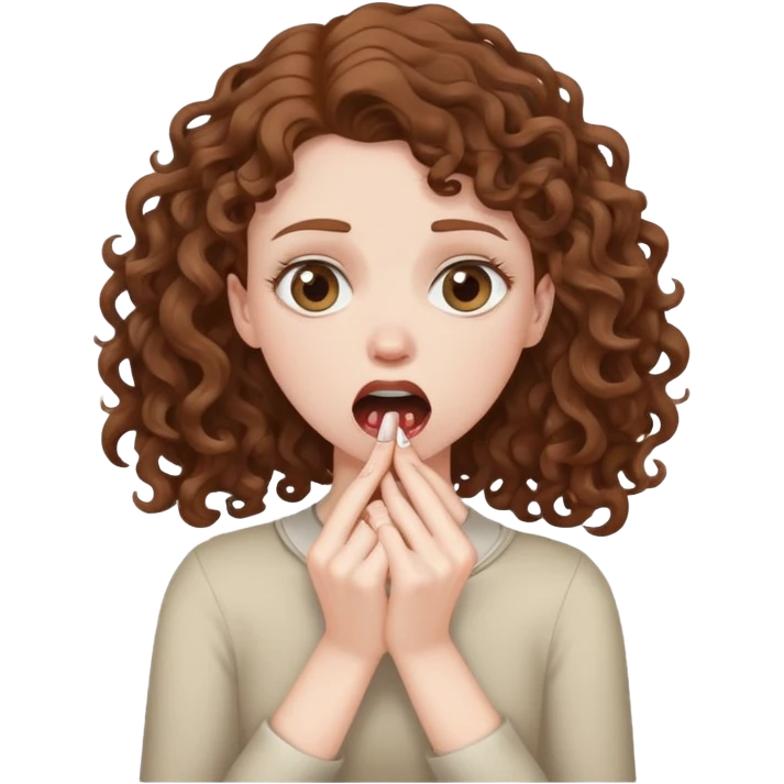 White girl with brown curly hair choking self emoji