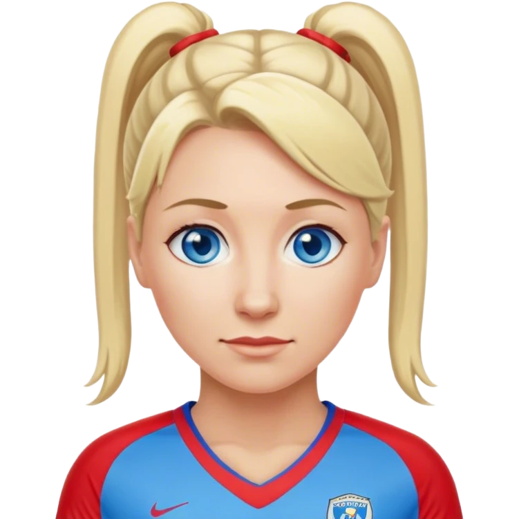 Middle aged woman blue eyes and blonde ponytail playing soccer red jersey emoji