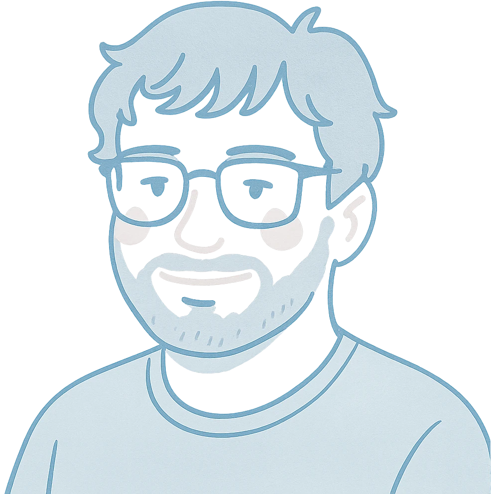 A man with glasses, stylishly messy longer hair with cool well-defined bangs, a naturally round face shape, and a broader nose. Use faded light blue colors for the main outlines, pink highlights for accents, and gray for the short beard and shadow details. emoji