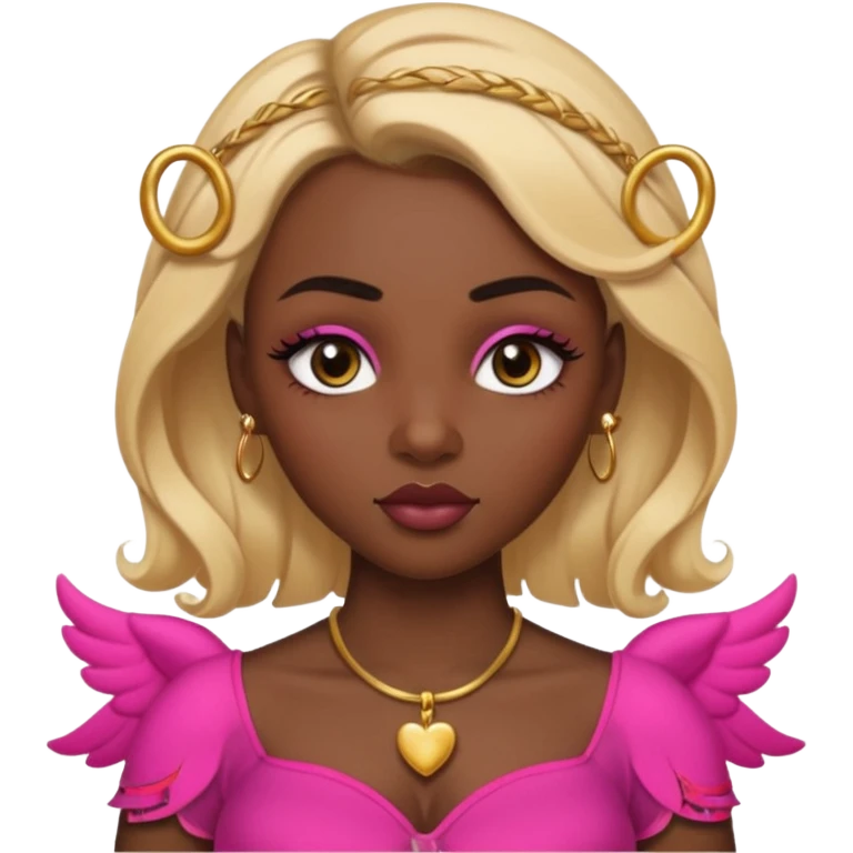 darkskin female with eyebrows that are naturally shaped and frame eyes well, eyes that are almond-shaped with defined lashes. nd lips are full with a defined cupid’s bow, add also a septum piercing that adds an edgy, stylish flair. a middle-part, honey blonde bust-down with laid baby hairs emoji