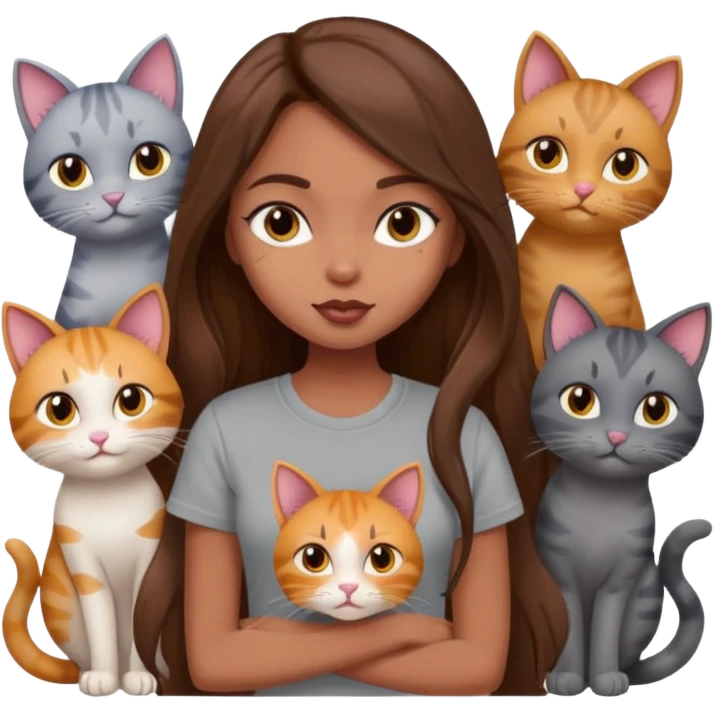 a pretty bratz dusky girl with long brown hair with six cats nd wearing a grey tshirt emoji