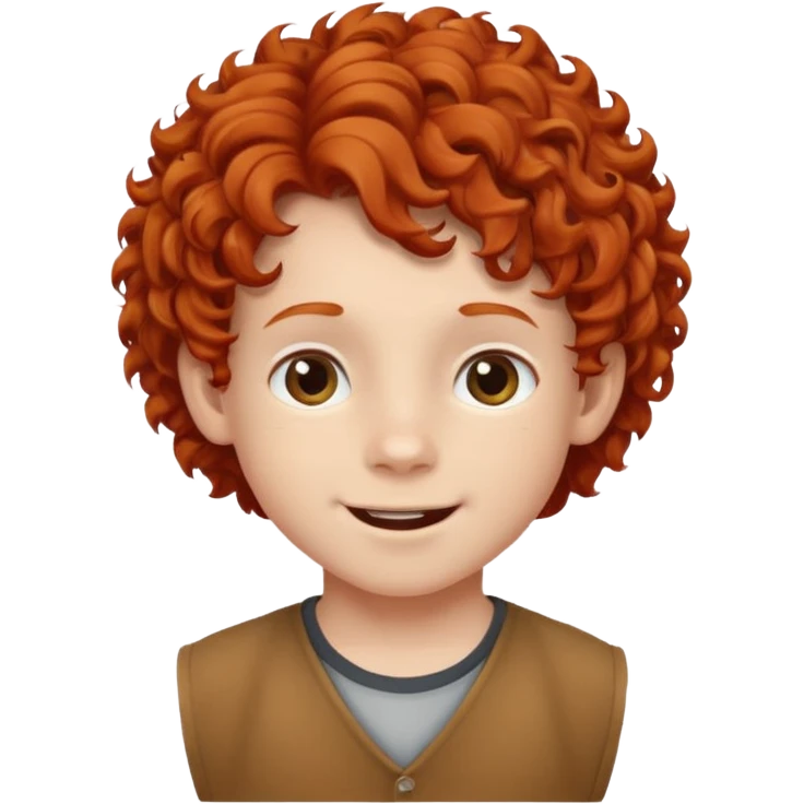 redhead kid with unique face features and very curly hair kid boy happy and braced emoji
