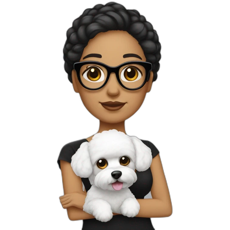 mujer piel blanca cabello negro con chongo  gafas y perro bichon blanco emoji