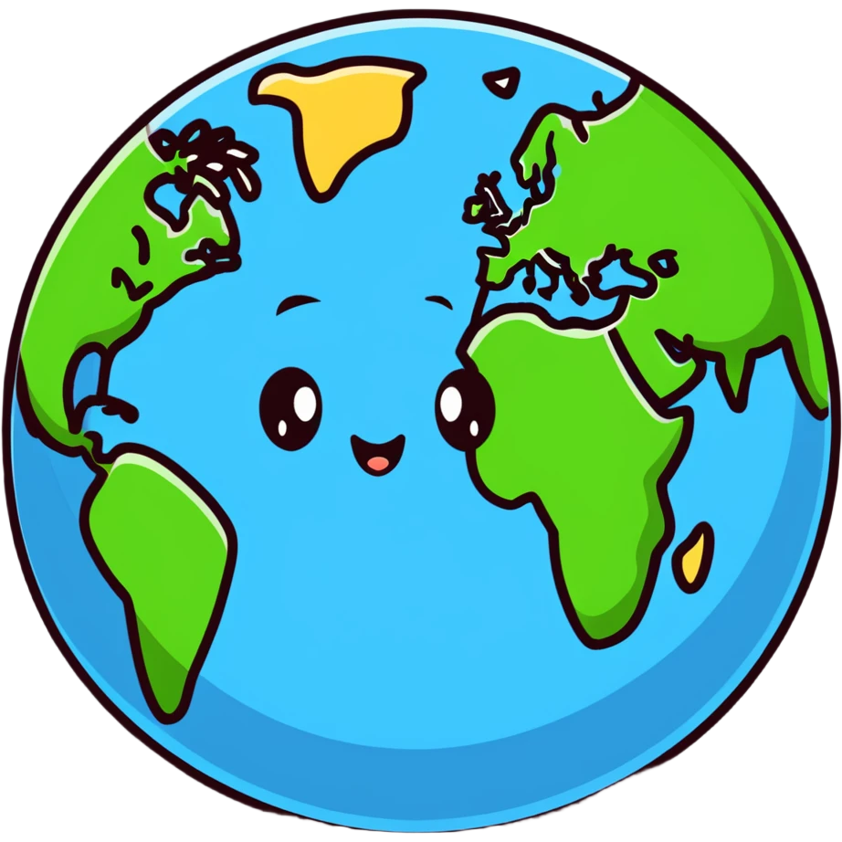A colorful Earth globe with continents, oceans and a cute face emoji