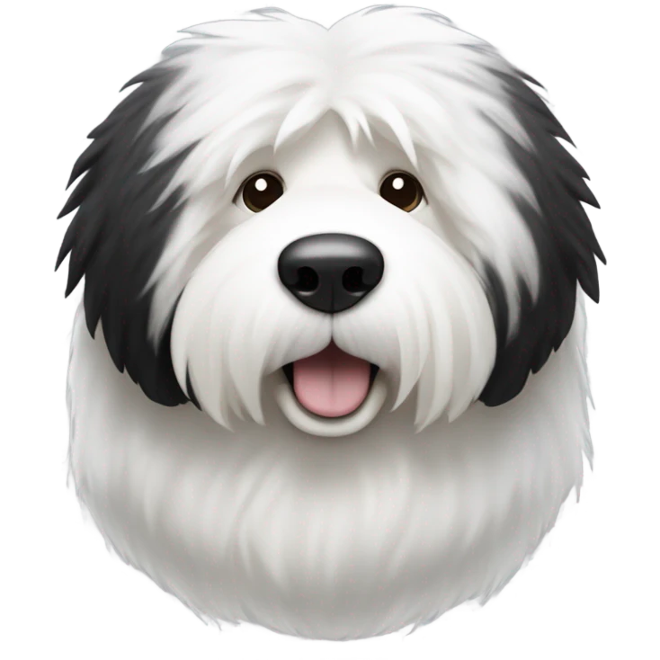 Old English sheepdog with a half and half face like a black (right side) and white (left side) cookie emoji