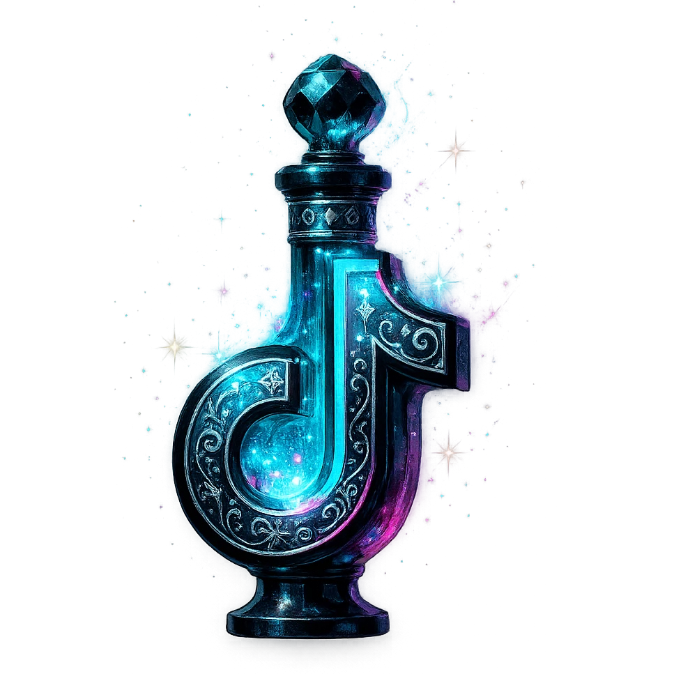modernus prabangus eliksyro buteliukas, TikTok logotipo forma, juoda, žydra ir rožinė spalvos, holografiniai ir sidabriniai ornamentai, itin stiprūs magiški švytėjimai ir efektai, labai mažas kaklelis, skaidrus fonas, vientisas dugnas, be šešėlio, plūduriuoja ore, kolekcijos stilius emoji