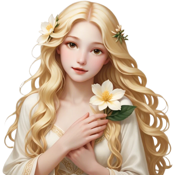 Cinematic Realistic Rapunzel Portrait, with porcelain-like skin featuring a subtle, natural glow, illuminated by soft lighting that brings out the gentle contours of her face. Her long, golden blonde hair cascades in detailed waves, each strand highlighted with a radiant shimmer as it catches the light. She playfully holds a flower in one hand, her other hand resting casually in her lap, with a warm and spirited expression. Her bright, expressive green eyes exude curiosity and warmth, framed by delicate lashes and soft, arched brows. She is dressed in her classic lavender and pink gown, the fabric textured with delicate folds that flow naturally, catching the light with a soft, radiant glow. The portrait captures a luminous, enchanting aura, seamlessly blending realism with a whimsical, fairytale charm, evoking a timeless sense of beauty and magic. emoji