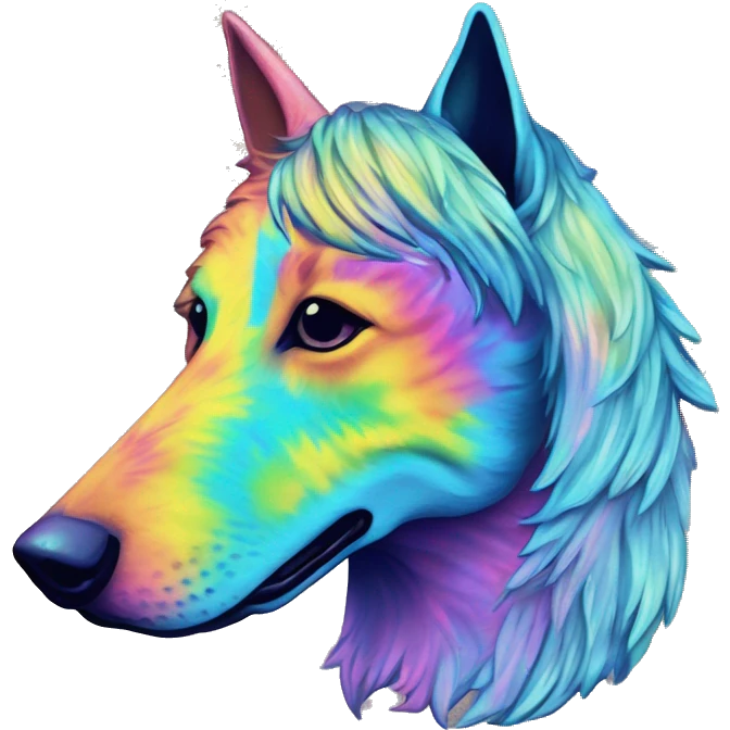 Multicolored rainbow retro groovy tie dye hippie trippy floral patterns on a metallic holographic iridescent blue dog face head unicorn emoji