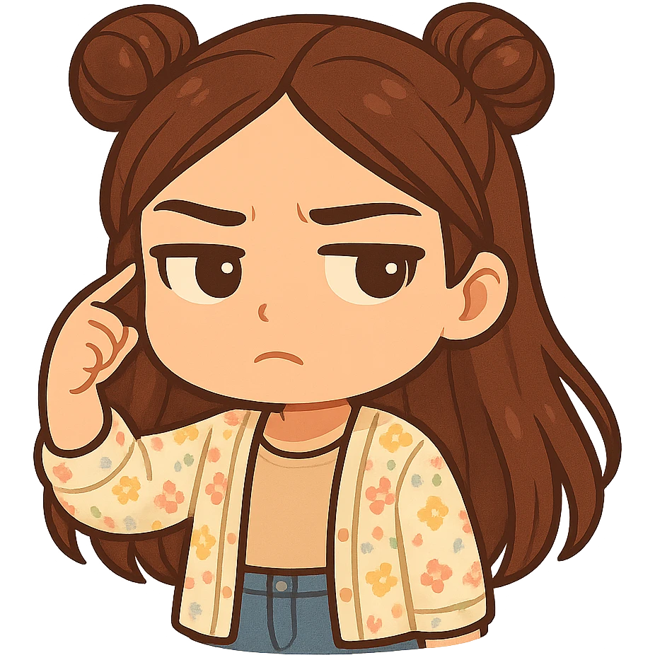 Create a chibi sticker of the girl from the reference image. She is twirling her finger at her temple with an unimpressed, judging expression (not angry). She has brown straight hair styled in double buns, brown eyes, wearing a pastel floral cardigan and jeans. The sticker should have a white outline and a transparent background, sized 512x512px. emoji