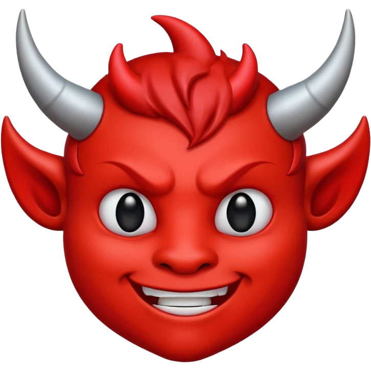 CARTOON STYLE EMOJI of a RED DEVIL FACE with small HORNS pointing up, BLACK EYES, and a MISCHIEVOUS SMILE. The entire face is RED with a smooth glossy texture. BACKGROUND is PURE WHITE, clean and simple. emoji