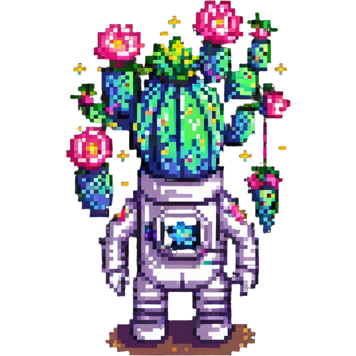A spacesuit-wearing cactus blooming neon stars instead of flowers, with mini planets on its prickles emoji