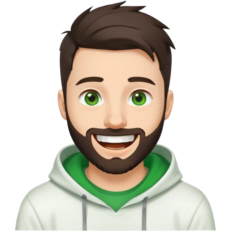 laughing guy with white hoodie, green t-shirt underneath, green eyes, dark brown undercut hairstyle and a short full beard emoji