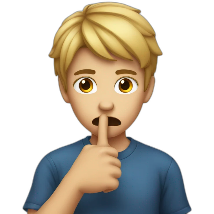 A boy with an angry face with his finger on his mouth making the silence sign emoji