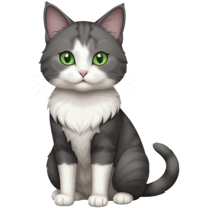 full body view of beautiful female solid dark grey cat with green eyes, white toes and white patch on chest emoji