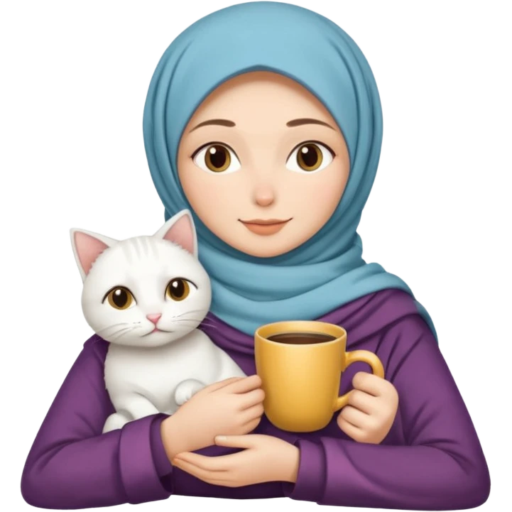 hijap bayan elinde kahve ve battaniyesi ve kucagında beyaz kedi emoji