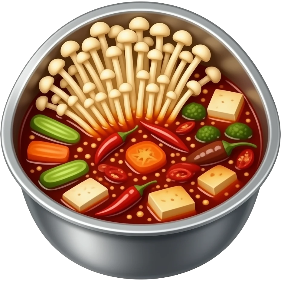 spicy mala hot pot, red chili oil broth, enoki mushrooms, vegetables, tofu, dried chili peppers, chinese style hot pot, stainless steel bowl, top view, realistic food photography emoji