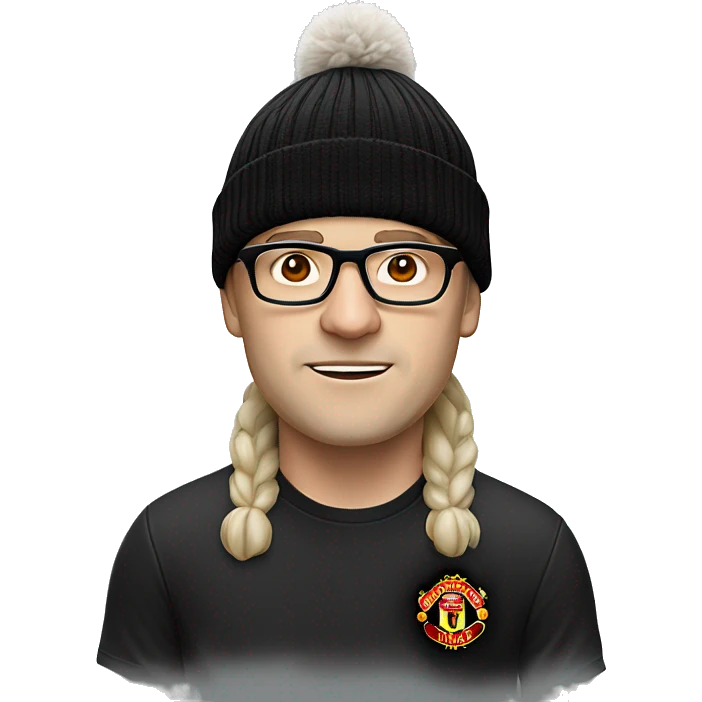 a white-skinned man in a black winter hat, with horns and wearing glasses and a Manchester United T-shirt emoji