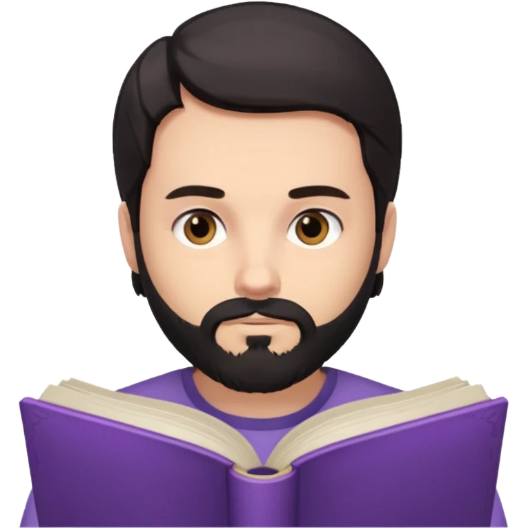 young white man with black beard, straight hair, brown eyes reading a lilac book emoji