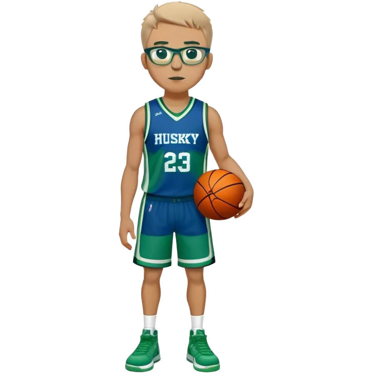 full body husky tall white male basketball wearing glasses in blue an green uniform emoji