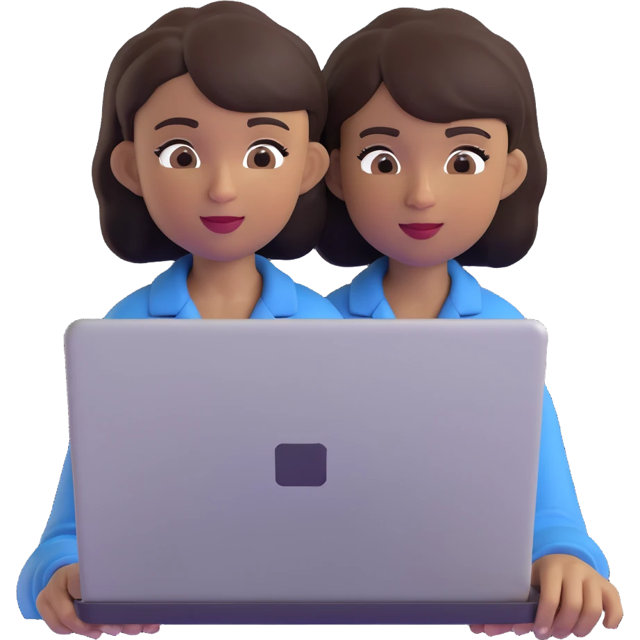 memoji-style girl with dark complexion and short dark hair, working on a laptop, expressive and playful emoji