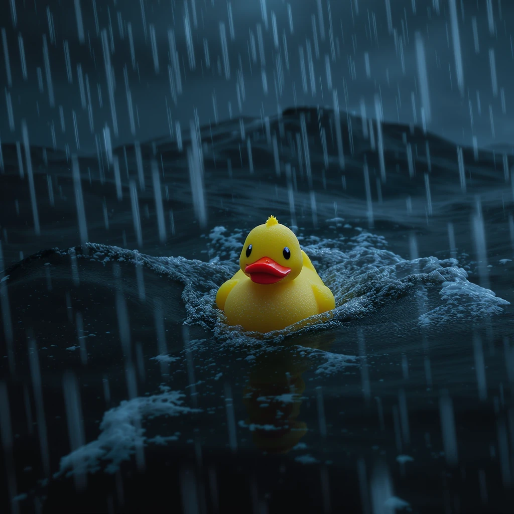 Cinematic still, Closeup shot of Yellow duck toy on ocean during storm, Camera from top, inspired by interstellar emoji