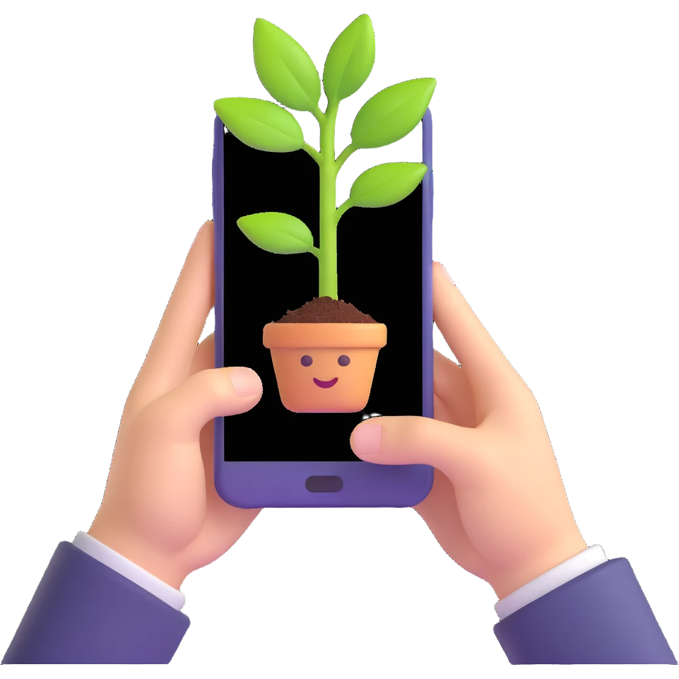 hands holding a plant sprouting from a smartphone, 3D emoji style, colorful, smooth emoji