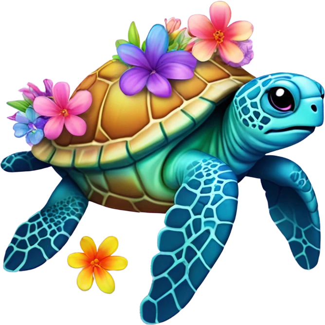 Lisa Frank, rainbow sea turtle with flowers on shell  emoji