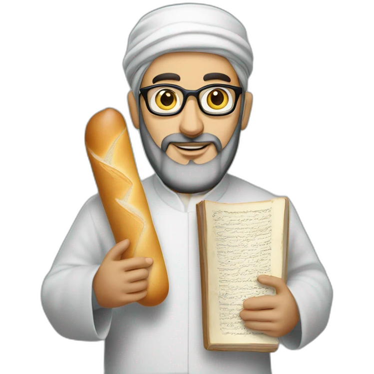 Imam Hassen Chalghoumi holding a french dictionary and a baguette. emoji
