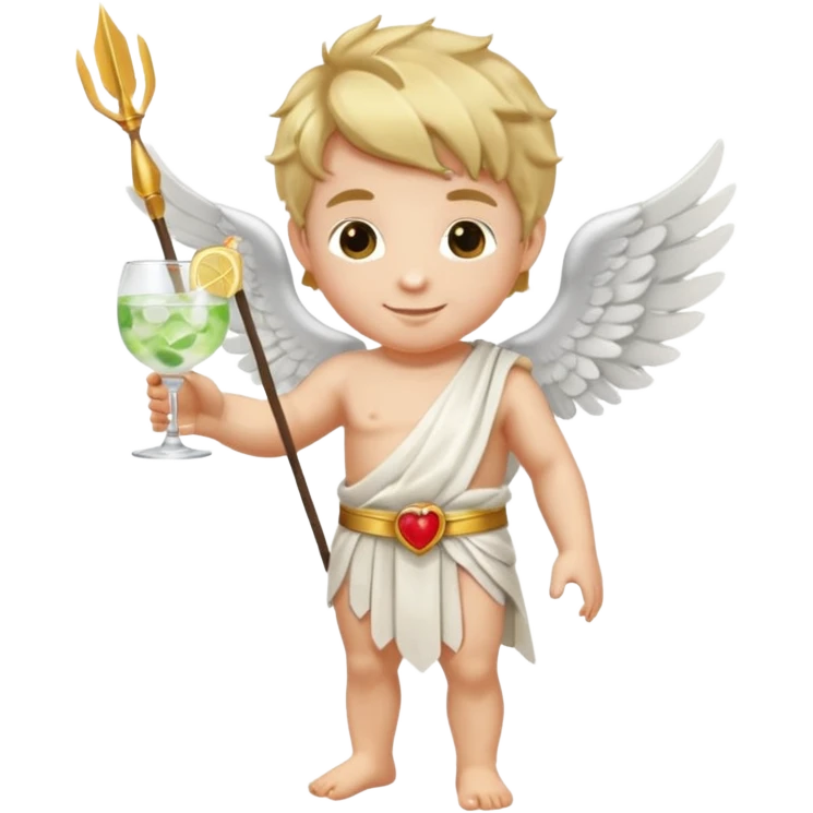Cupid (with wings) with his arrow in his right hand, mixing a glass of Gin Tonic in his left hand emoji