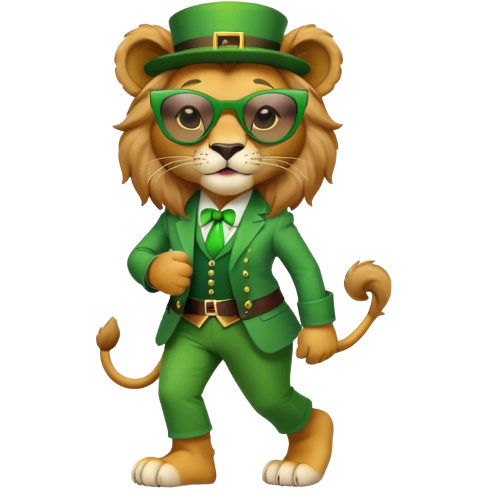 friendly anthropomorphised female lion dressed for St. Patrick's Day in green outfit with festive accessories, dark sunglasses, walking upright with confident stride emoji