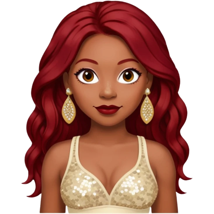 LaTavia Robeson with long dark red hair, ivory sequin crop top, ivory earring emoji