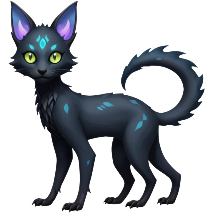 Futuristic Black Dark Abyssal Ethereal Modern Amaura-Bayleaf-Abyss-Lykoi-Fakémon-creature-hybrid Full Body emoji