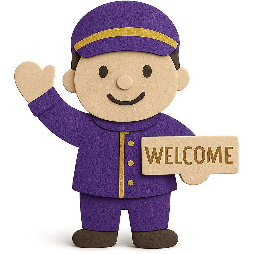 friendly mascot character standing front-and-center, one arm raised in a welcoming wave, holding a small 'Welcome' sign in gold letters, outfit in Qame purple (#4B2091) with gold accents, soft drop shadows, simple light-grey gradient background emoji