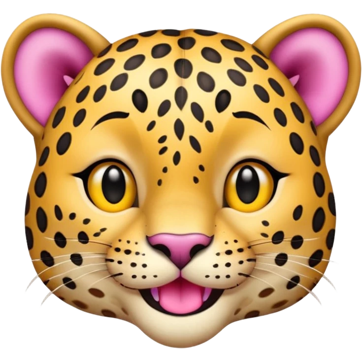 A leopard with big smile. A pink flower with a yellow center is tucked behind its right ear, no tongue
 emoji