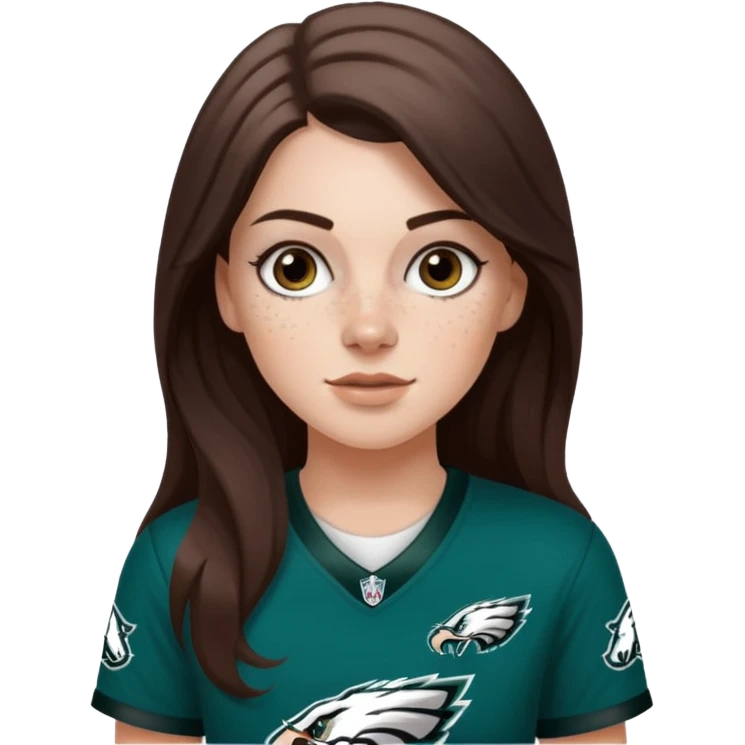 White girl with long dark medium brown hair and freckles wearring a Philadelphia eagles jersey emoji