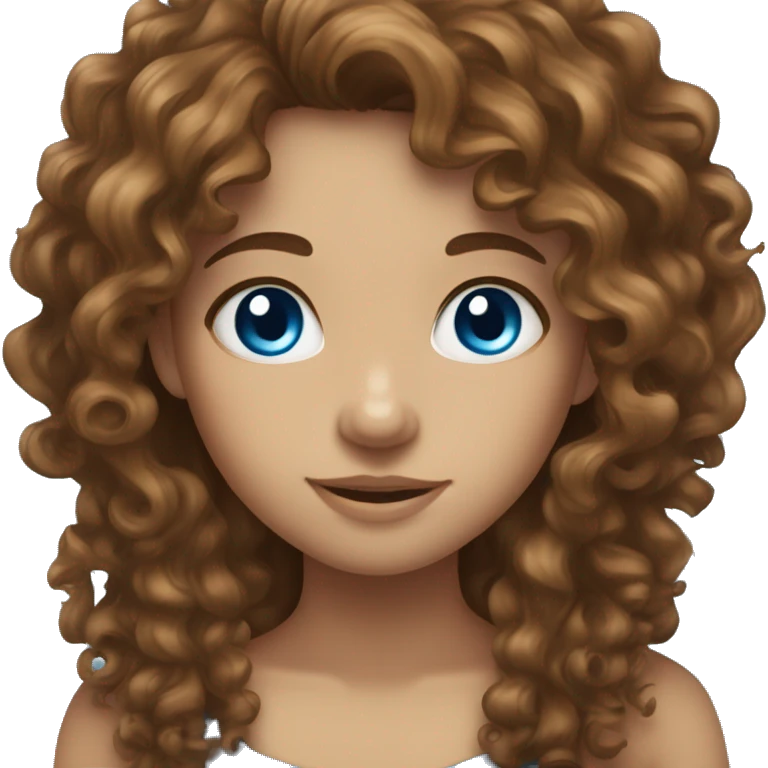 a girl with brown long curly hair, blue eyes and a big  emoji