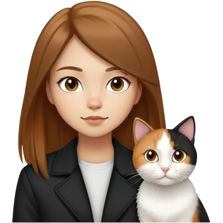 Light-skinned girl with brown straight hair wearing a black jacket, along with one pure white cat and one calico cat emoji