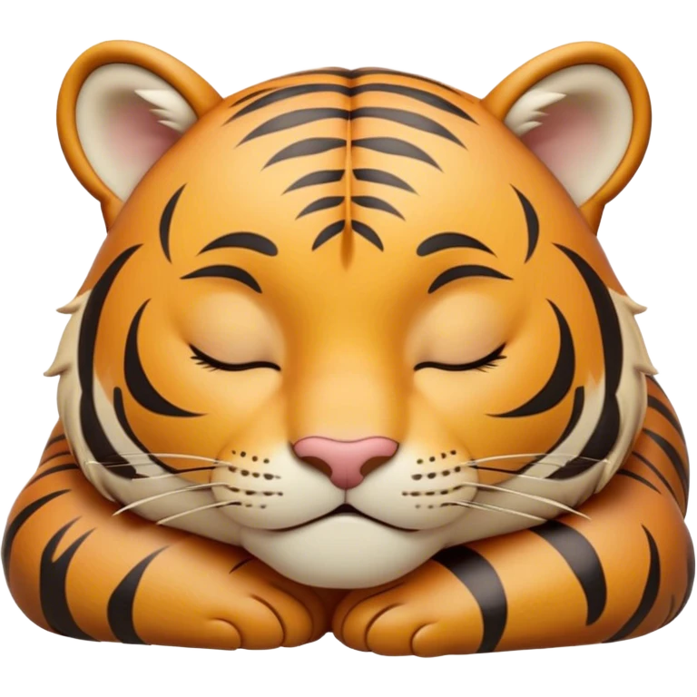 Meme-Worthy cute Sleeping Tiger Portrait Emoji, Head resting peacefully with a contented smile, showcasing a luxuriously striped form and eyes gently closed in serene slumber, Simplified yet comically adorable features, highly detailed, glowing with a soft, drowsy wild light, high shine, relaxed and utterly lovable, stylized with an air of playful laziness, bright and heartwarming, soft glowing outline, capturing the essence of a sleeping tiger that feels destined to become the next viral icon of adorable rest! emoji