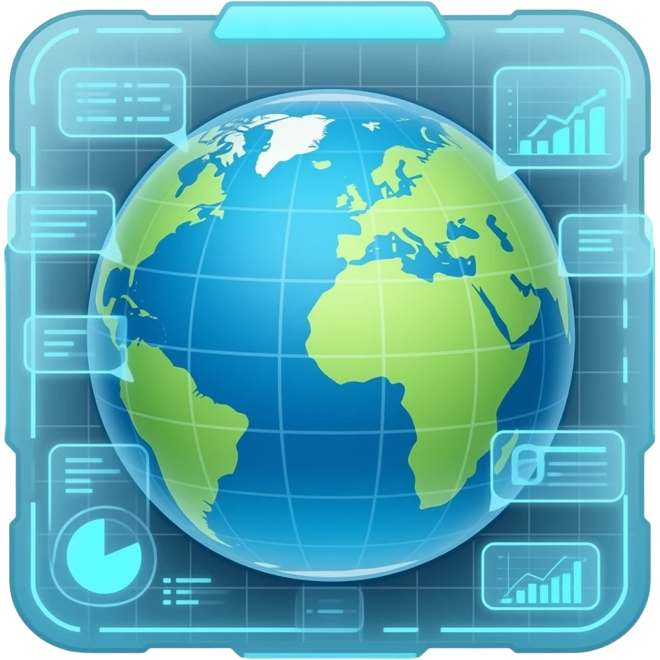 A futuristic HUD showing planet earth and little data callouts with graphs emoji
