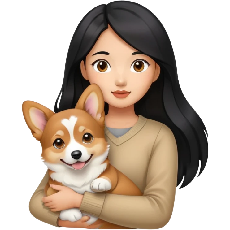 Asian girl with long black hair holding her corgi sable color emoji