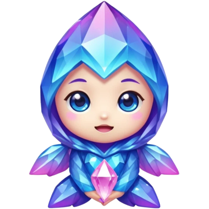 kawaii chibi crystal sprite creature, purple, blue, and pink, cute and sparkly, chibi style, adorable expression emoji