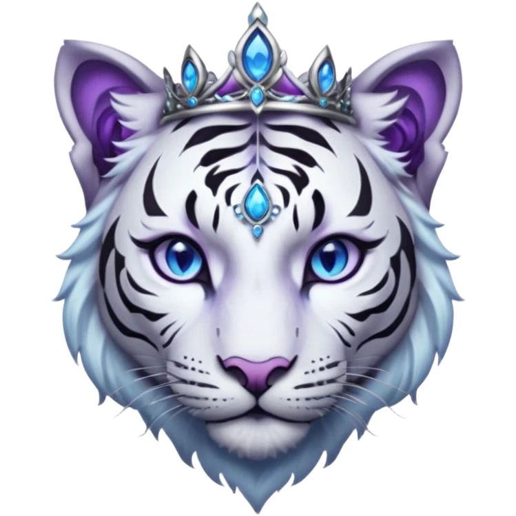 ESO Female white/black tiger khajiit leader of the umbral rose, glowing blue eyes, glowing blue 'third eye' gem; beautiful purple gemmed silver tiara emoji